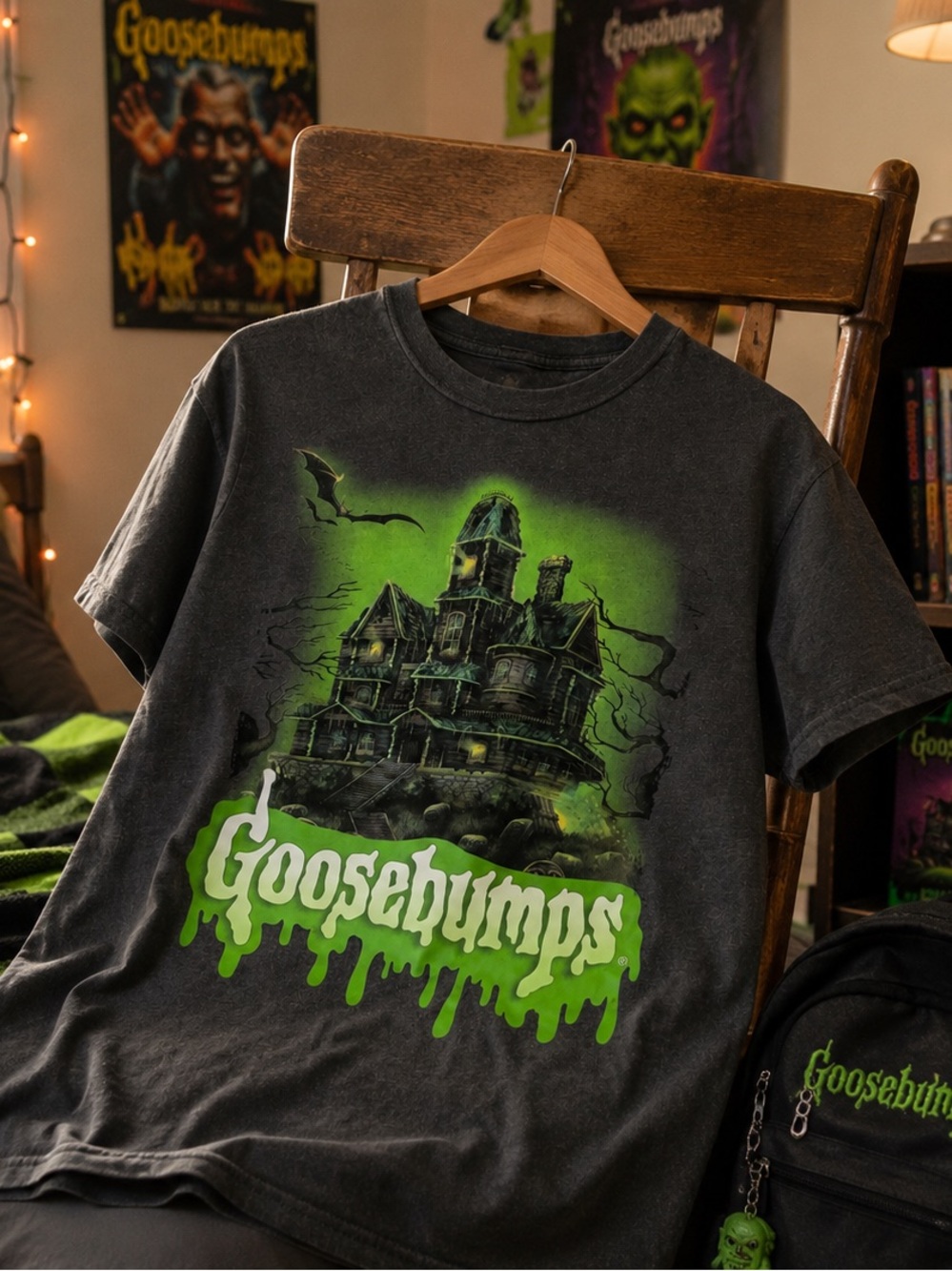 Kids' Black Graphic Tee with Green Haunted House